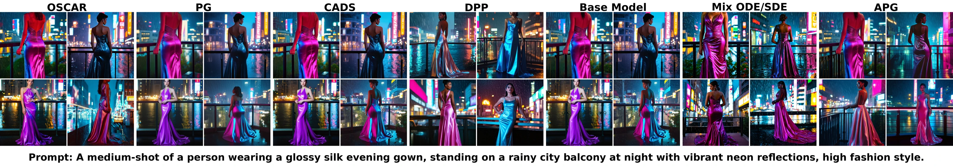 OSCAR and six baselines on a glossy silk evening gown under neon lighting